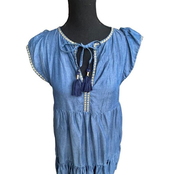 Tommy Bahama Women's Blue Boho Embroidered Tassel Tiered Tencel Dress Size Small - Picture 3 of 15